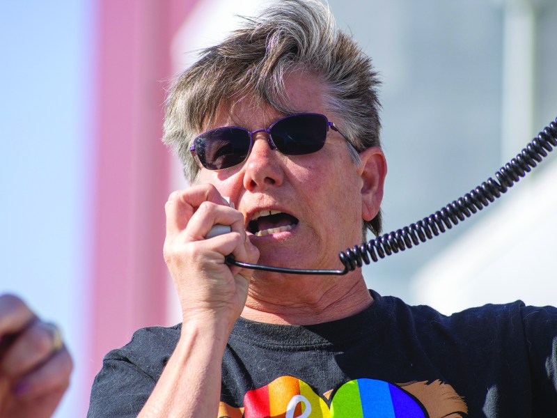Laura Finco, president of the San Ramon Valley Education Association, speaks in support of the march for Dublin students in Dublin, Calif., on April 26, 2022. (Harika Maddala/ Bay City News)