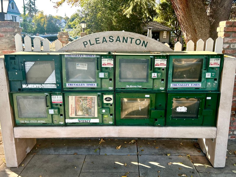 A photo of the concrete newspaper rack located next to the Pleasanton Hotel at 855 Main St. (Photo by Chuck Deckert)